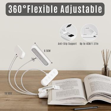Ліхтар для читання LQWELL на шию, LED, 3 кольори/яскравість, гнучкий, акумуляторний, для читання, в'язання, рукоділля (білий, прямокутний - 3 шт)