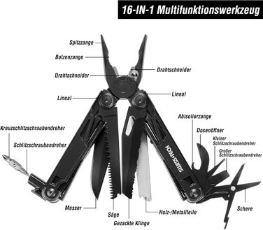 Мультитул Swiss+Tech 16-в-1: мультиінструмент з ножем, пилкою, плоскогубцями та ін. для кемпінгу та ремонту, з чохлом