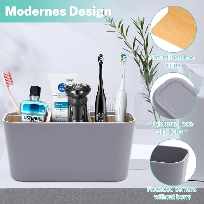 Тримач для зубних щіток з бамбуковими перегородками, сірий. Організатор для зубних щіток та пасти (4 щітки + 1 для пасти)