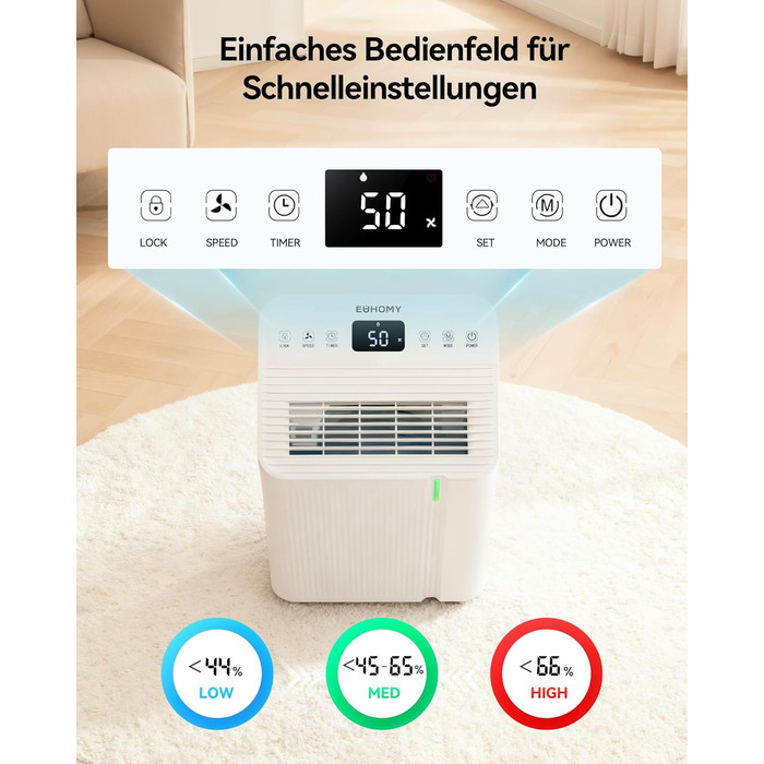 EUHOMY Електричний осушувач повітря 12л/24г, тихий та енергоефективний, з відведенням води, автоматичним розморожуванням, 3 режими, для квартири 25м²/122м³, спальні, підвалу