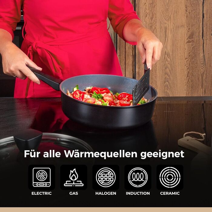 Набір сковорідок Be Living Delight 4 шт. (20/24/28 см + Вок 28 см з кришкою), антипригарне покриття з кераміки, для індукційних плит, без PTFE та PFOA, чорний