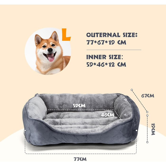 Dog Bed for Dogs 67x57cm, Non-Slip Dog Basket, Super Soft Fiber Filling, Washable Pet Bed for Small and Medium Dogs and Cats (L 77 x W 67 x H 18 cm, Grey)