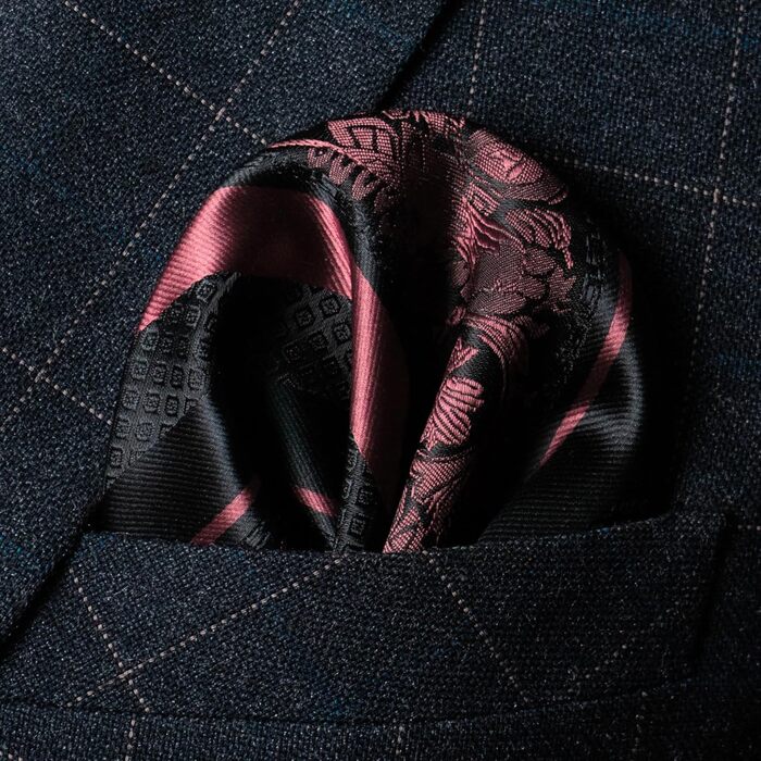 Набір краваток чоловічих JEMYGINS з поєднанням троянд та смужок (рожевий) з краватковою кліпсою та кишеньковим хустинкою