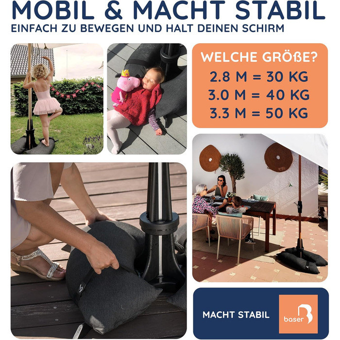 Base umbrella stand with fillable sandbags as weights (30 to 50 kg), for umbrella diameters up to 3.3 m, manufactured in Denmark from recycled material