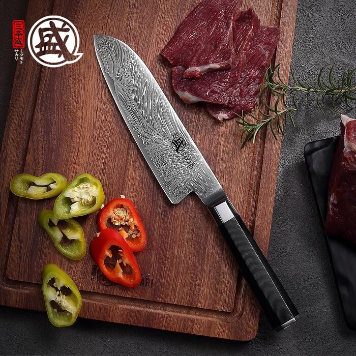 Японський кухонний ніж Santoku MITSUMOTO SAKARI, порошкова сталь VG-Pro, чорна ручка, 17 см
