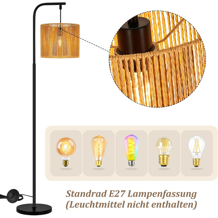 Торшер Rattan Boho - Стильний торшер для вітальні E27 164 см, чорний, з ножним вимикачем. Торшер в спальню, на терасу, в офіс, циліндричний абажур