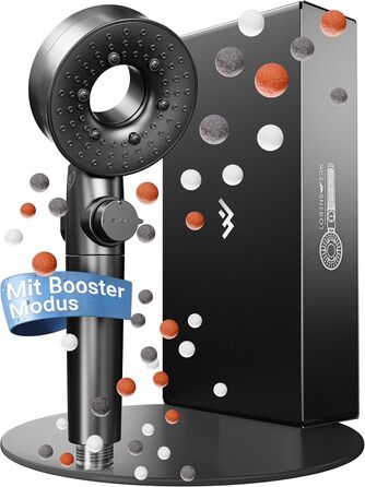 LOVENSWORK Shower Head with Filter [3 Modes - incl. Booster] Water-saving shower head with mineral pearls | Handheld shower, shower head, shower in black incl. tool, replacement pearls & stainless steel plate
