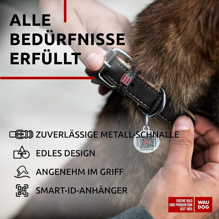 Шкіряний нашийник для собак WAUDOG: великі, середні та малі породи, для цуценят. Нашийник з цифровою міткою, ширина 15/25 мм, довжина 27-36/38-49 см. Чорний колір.