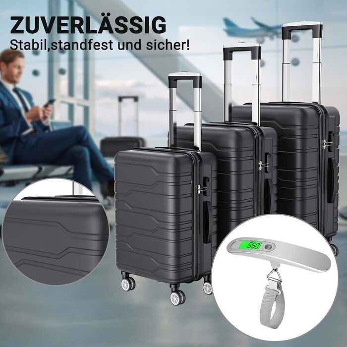 Набір валіз 3 шт., чорний: міцний, легкий, з TSA замком та обертовими колесами 360°