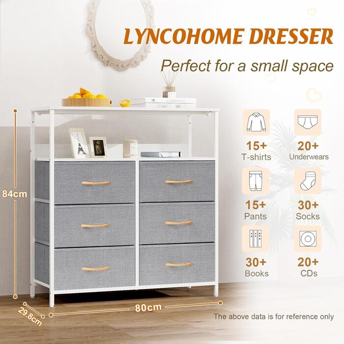 LYNCOHOME Chest of Drawers with Fabric Drawers, Sideboard Entryway Cabinet with 6 Fabric Drawers and Compartments, Drawer Organizer Furniture for Kitchen Office Bedroom (Snow Grey)