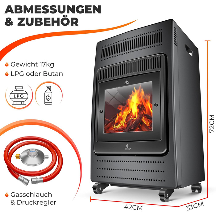 Газовий обігрівач KESSER® - газовий камін з інфрачервоним нагрівачем, 3.4 кВт, 2 режими, з газовим редуктором та шлангом, для бутану/пропану, антрацит