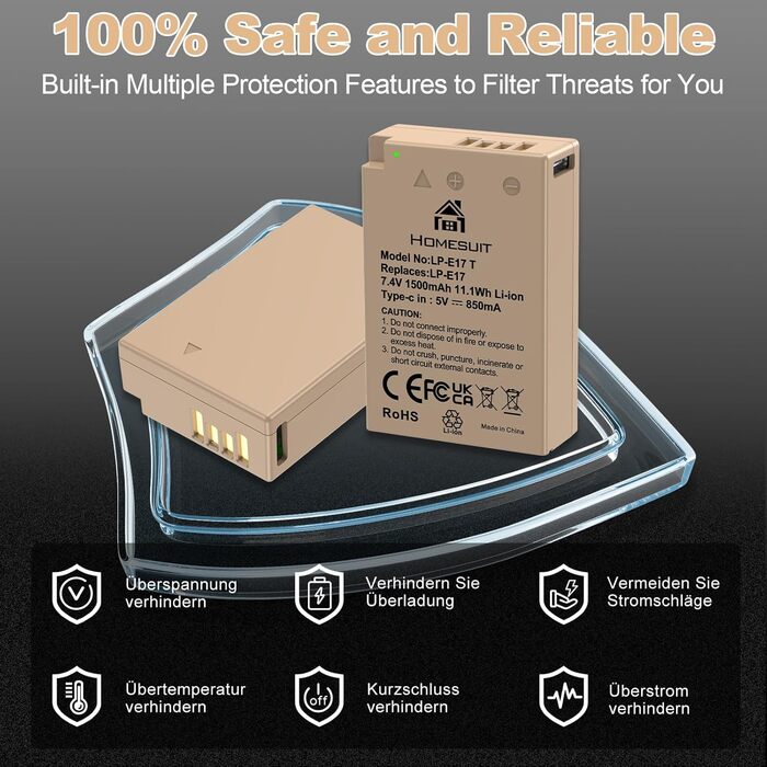 Акумулятор LP-E17 1300mAh та зарядний пристрій Dual USB LED для Canon Rebel SL3, SL2, T8i, T7i, T6i, T6s, EOS R10, R50, R8, RP, M3, M5, M6, 200D, 77D, 750D, 760D, 2x LP-E17 (колір: коричневий)