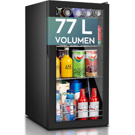 Міні-холодильник Heinrich's з скляними дверцятами: компактний, тихий (40dB), LED-підсвітка, для офісу, кемпінгу, саду, 77 літрів, 3 полиці