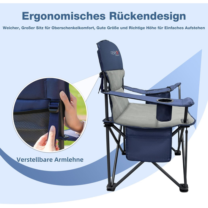Крісло для кемпінгу складне RELAX FIELD 200KG з підстаканником та сумкою-холодильником, блакитне, 2 шт.