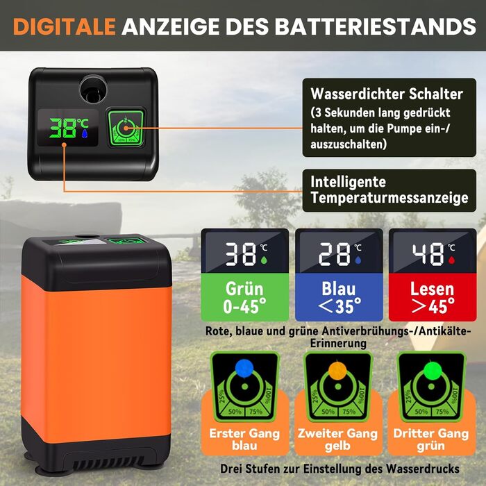 Portable Camping Shower, 6000mAh Camping Shower Battery with Pump and Temperature Gauge, Portable Camping Shower Outdoor with Shower Head and 2m Hose for Garden, Travel, Car Washing, and Pet Use