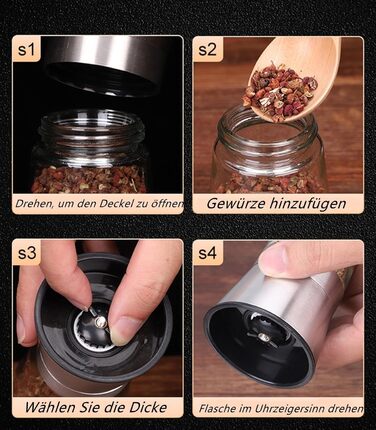 Набір з 2 мельниць для солі та перцю - сталеві та скляні з регульованим керамічним жорном, з можливістю поповнення, для солі та перцю