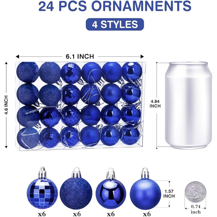 24 штуки ялинкових прикрас - кульки 4 см, синій колір, пластик, для ялинки, стійкі до пошкоджень, для святкового декору