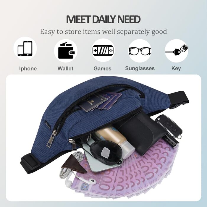 Поясна сумка для чоловіків та жінок, стильна, з 3 відділеннями на блискавці, для подорожей та активного відпочинку (Т Deepblue)