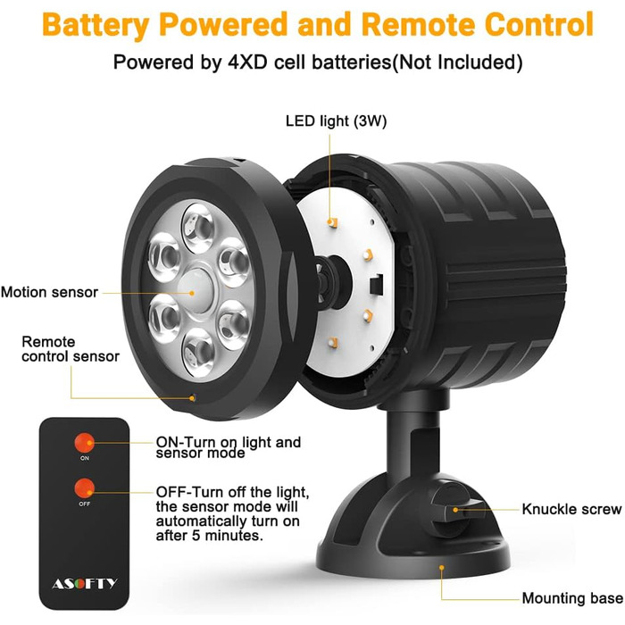ASOFTY Motion Sensor Outdoor Battery Spotlight with Remote Control, 6 LED Wireless Battery-Powered 1000LM Spot Lamps, IP65 Waterproof Security Lamps for Garden, Garage, Indoor & Outdoor (Black)