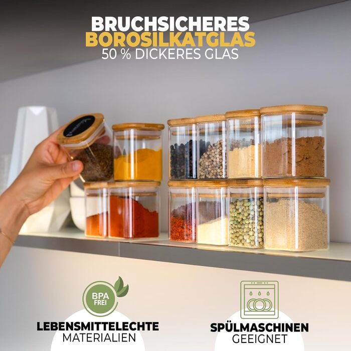 Spice Jars Square I 12 x 160 ml Set I Increased Glass Thickness I Stackable Spice Containers with Bamboo Lids I Airtight Spice Storage for the Kitchen I Suitable for Spice Storage