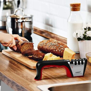 Точилка для ножів Longzon 4-в-1, професійна, з захисними рукавичками, для ножів та ножиць різних розмірів, червона