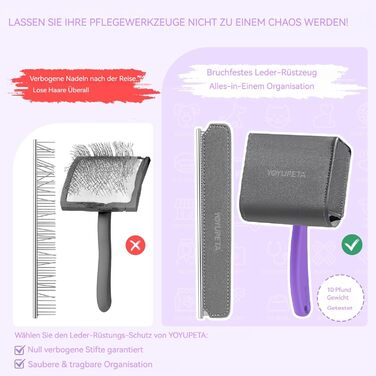 Набір щітки та гребінця для собак та котів з довгим хутром – зі сталевими шпильками 25 мм проти підшерстка та ковтунів – дерев'яна ручка та шкіряний футляр – ідеально для Golden Retriever та Maine Coon – фіолетовий