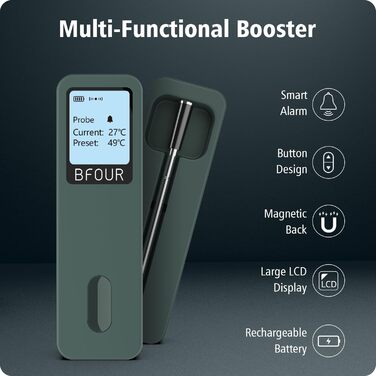 BFOUR Wireless Meat Thermometer Grill Thermometer Bluetooth with App, IP67 Waterproof Core Temperature Probe, Large Display Roasting Thermometer, App Control, for Grill, Oven, Rotisserie (Green)