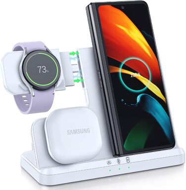 Зарядна станція Induktive 3-в-1 для Samsung Galaxy: Watch, Buds, смартфони (S26 Ultra - S22, Z Flip, Z Fold) - Без адаптера, білий