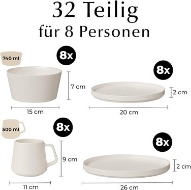 Набір посуду Miamio на 8 осіб (24 елементи) - сучасний сервіз з кераміки, білий, для посудомийної машини та мікрохвильової печі, Luxe Collection