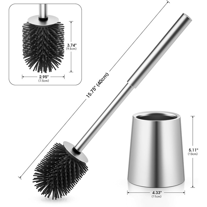 Силіконова щітка для унітазу Klobürste – гігієнічна щітка з нержавіючої сталі 304 з змінним насадком, для дому, готелю, ванної кімнати (розміру Gebürstetes Silber)