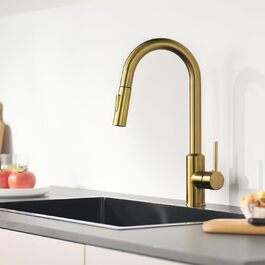 Змішувач кухонний з висувною лійкою та душовою насадкою, поворотний на 360°, 2 режими, нержавіюча сталь (золотий)