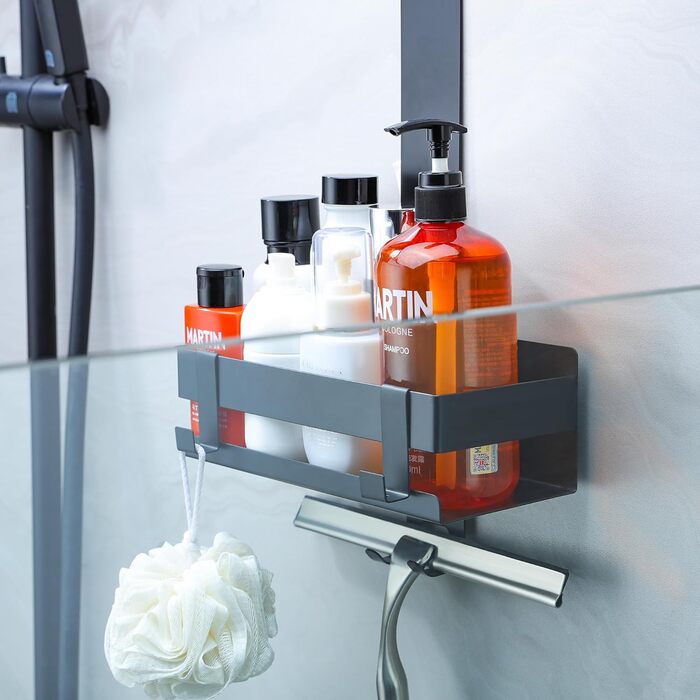 Cooeco Shower Shelf for Hanging Black - Hanging Shower Basket Stainless Steel, Shower Shelf for Hanging without Drilling, Hanging Shower Shelf with Hooks for Glass Shower Wall