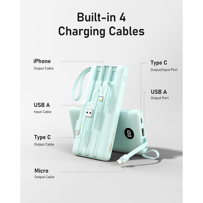 Портативний зарядний акумулятор Power Bank 10000mAh з LED дисплеєм та інтегрованими кабелями. Сумісний з iPhone, iPad, Samsung, Xiaomi, Google Pixel. Колір: блакитний