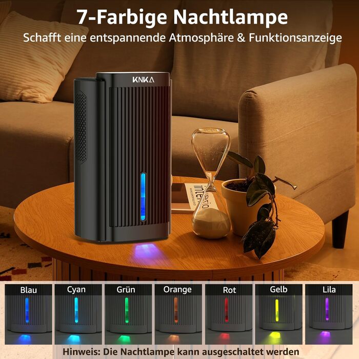 Електричний осушувач повітря KNKA, 1.1 л, для дому, ванної кімнати, підвалу, тихий (28 дБ), з автовимкненням та нічним режимом, кольорове підсвічування (білий), колір: чорний