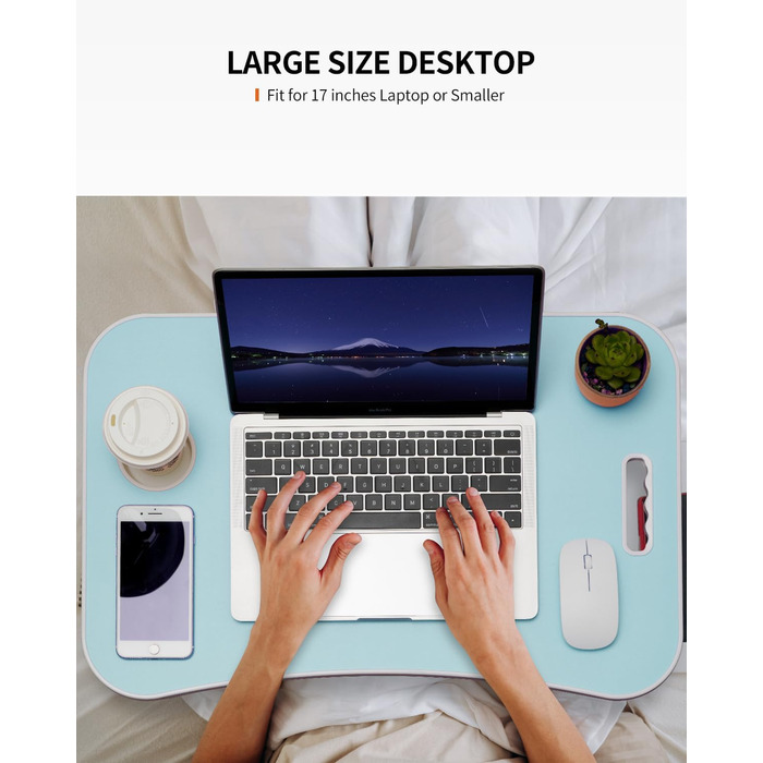 Складаний столик для ноутбука, портативний столик на колінах, приліжковий столик, підставка для ноутбука з тримачем для напоїв та слотом для планшета, з підйомним ручками для роботи, письма, малювання та їжі (Рожевий) (Блакитний)