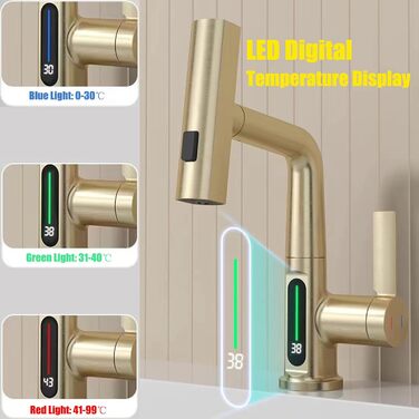 Кухонний змішувач з витяжною лійкою, 3 режими, LED-індикатор температури, поворотний на 360°, для кухні, золотий