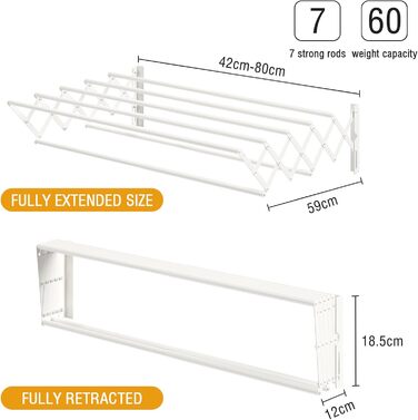 Настінна сушилка для білизни YOUDENOVA з 7 стійок, розкладна, для ванної кімнати/пральні, металева, (42-80) x 59 x 19 см