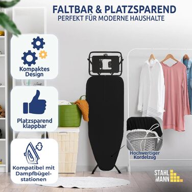 Сталевий прасувальний стіл STAHLMANN® [120x38] з платформою для одягу – міцний, стабільний, виготовлений в ЄС