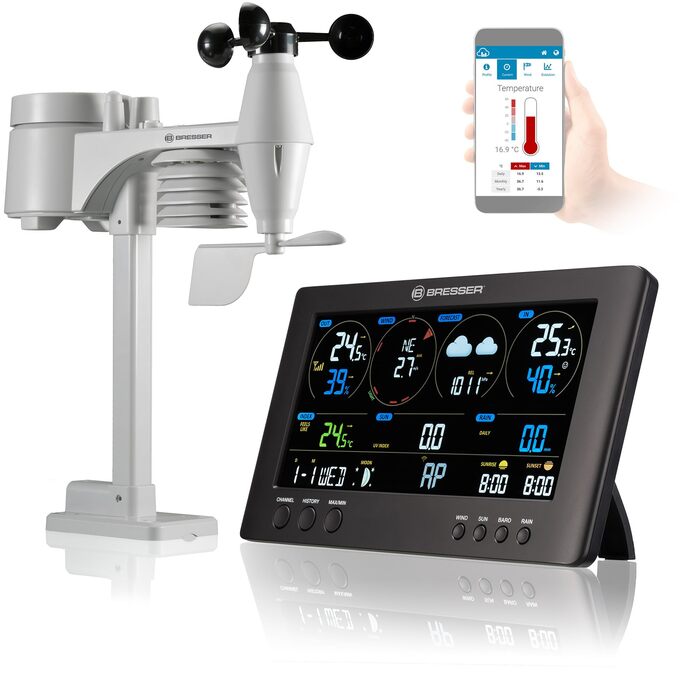Метеостанція Bresser ClearView 7002586 з Wi-Fi та зовнішнім датчиком: Професійний 7-в-1 сенсор (вітер, вологість, температура, опади, УФ-індекс, освітленість), чорна