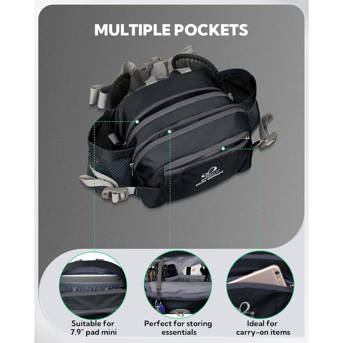 Водонепроникна поясна сумка Waterfly з тримачем для пляшки, регульованим ременем, кишенею для телефону, для туризму, подорожей, кемпінгу, чорна