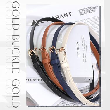 LEACOOLKEY Набір з 4 тонких шкіряних жіночих ременів для суконь та джинсів з золотою пряжкою (100 см) - чорний, коричневий, синій, бежевий