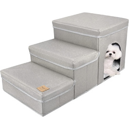 3-Step Dog Stairs, Foldable Pet Stairs for Sofa & Bed, Removable Pet Stairs Folding with Storage Box, Multifunctional Pet Ladder for Small Dogs Cats (Gray)