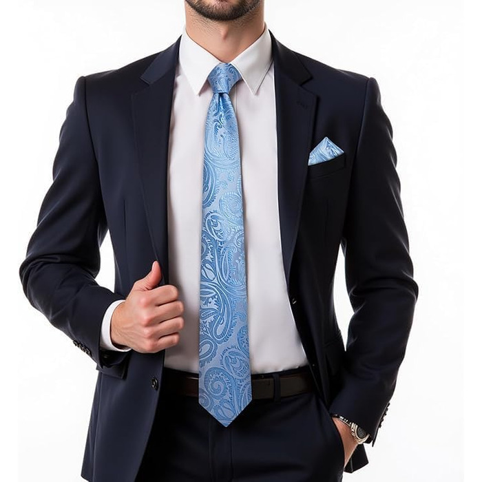 Дибанггу: Шовкова краватка з візерунком пава та нагрудна хустинка, запонки та затискач для краватки - ідеальний комплект для весілля та балу (світло-блакитний)