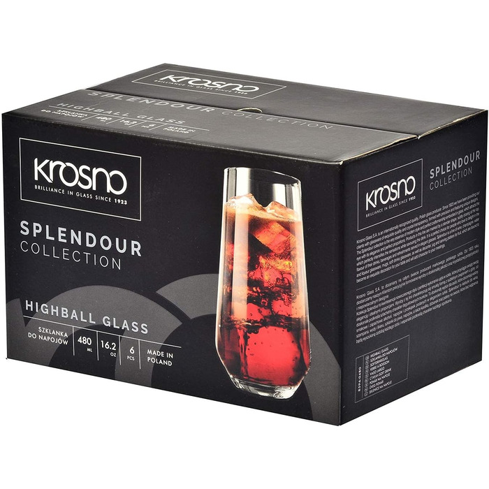 Krosno Water Glasses Highball Glasses Drinking Glasses | Set of 6 | 480 ML | Splendour Collection | Perfect for home, restaurants, and parties | Dishwasher safe