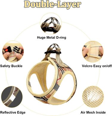 Шлейка для собак Suredoo для маленьких собак з повідком, анти-тягуча, світловідбиваюча, дихаюча, нагрудна шлейка, шлейка для цуценят (M, обхват грудей: 34-39 см) (Бежевий, XXS (обхват грудей: 22-24 см, вага: 1-1.5 кг))