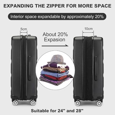 Чемодан-валіза KONO з розширенням, жорсткий корпус, великий розмір XL, з TSA-замком та 4 подвійними колесами, ідеальний для подорожей та бізнесу, 75x47.5x29.5 см, чорний