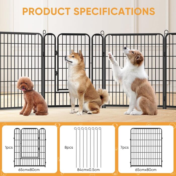 Вольєр для цуценят, ігровий майданчик, вольєр для цуценят з дверцятами та засувом, огорожа для тварин, загін для собак, вольєр для кроликів, металеві з'єднання, 65 x 80 см (8 перегородок)