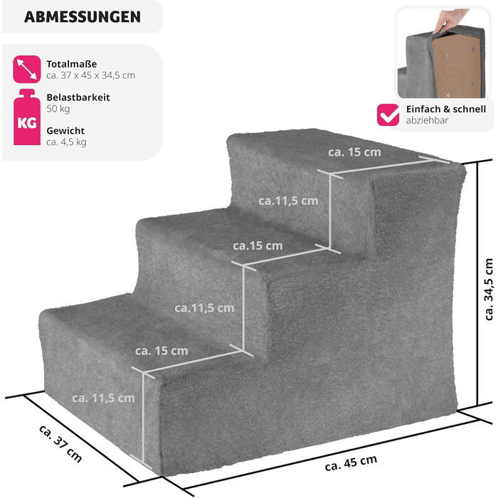 Сходинка для тварин tectake®: для собак та котів, зручний доступ до софи, ліжка, авто. Миючий чохол, плоскі сходинки, сірий колір, 37 x 45 x 34,5 см
