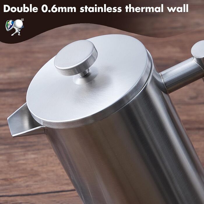 Набір для приготування кави френч-прес, термоізольований, з пітчером для спінювання молока, з нержавіючої сталі, 1 літр