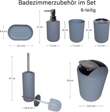 Набір аксесуарів для ванної кімнати 6 предметів, пластик, сірий: йоржик для унітазу, відро, стакан для зубних щіток, мильниця, дозатор для мила, піднос